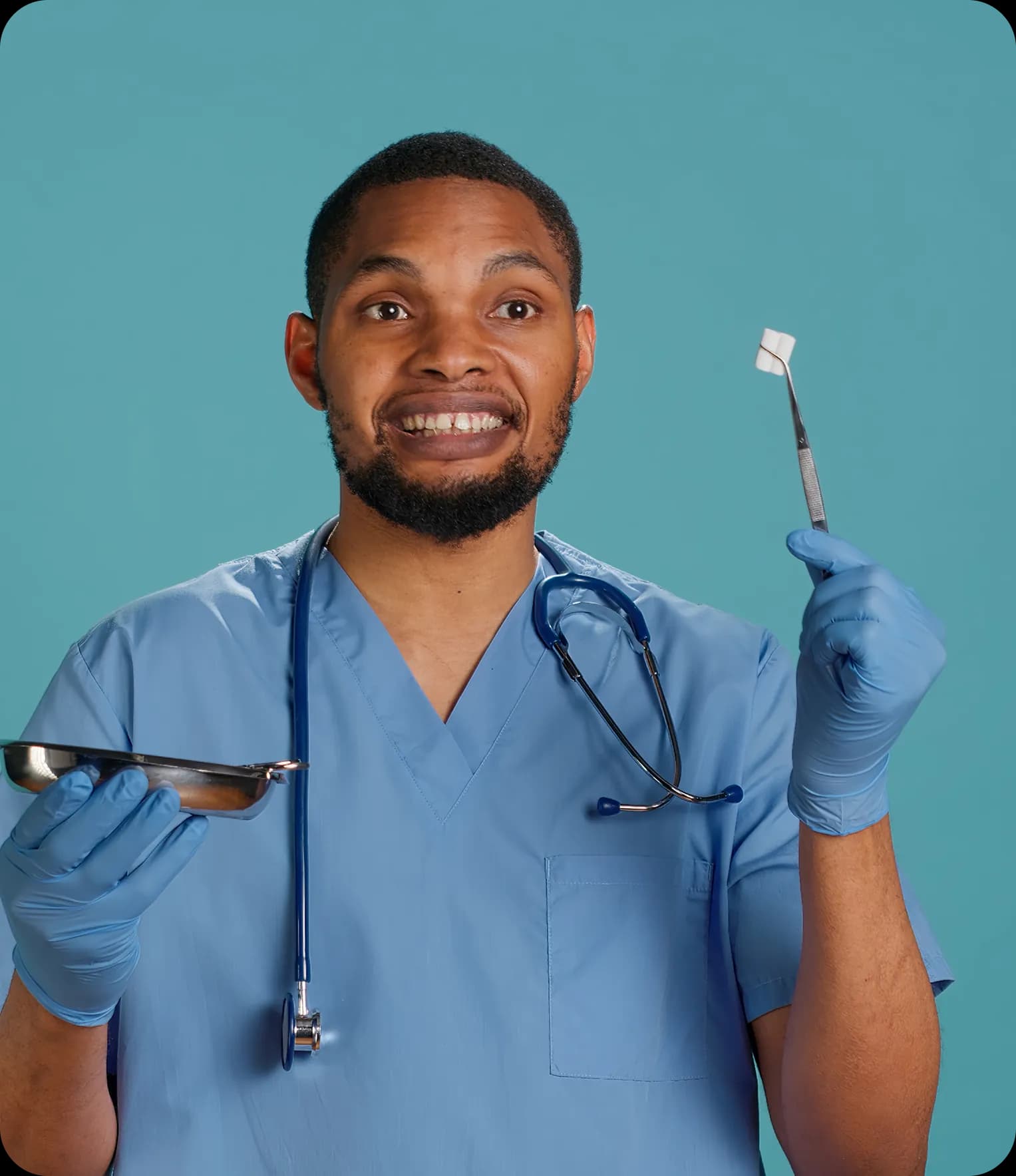 Dental professional holding instruments